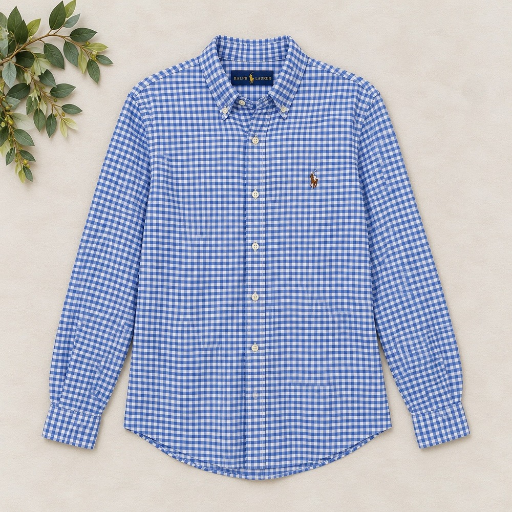 Ralph Lauren Shirt Blue Gingham Plaid Button Down Cotton Pony Logo Mens Size M